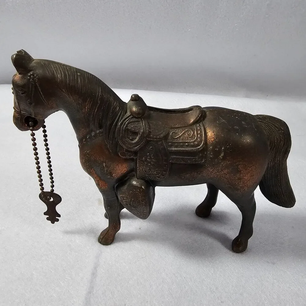 Vintage 60’s Brass Metal Coin Bank Country Western Horse  Copper Color W/Key